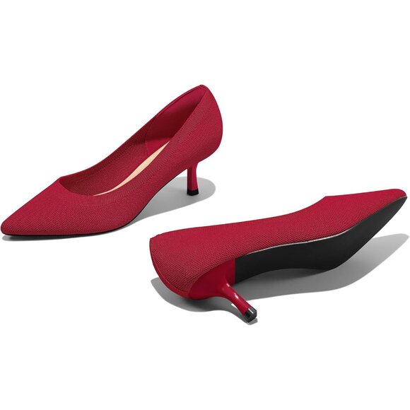 Women's Red Knitting Pumps 2 inch Kitten Heel Pointed Toe Low Heel Dress Shoes - Picture 4 of 7